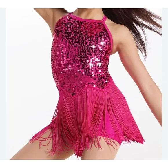 Weissman Showtime Fuschia Pink Sequin Dance Costume US Size IC 7-8 Intermediate - Picture 1 of 11